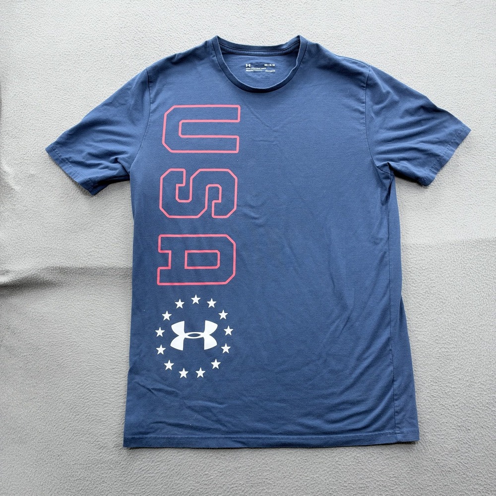 Under Armour Shirt Mens Medium Blue USA Flag Graphic HeatGear Tee Tagless